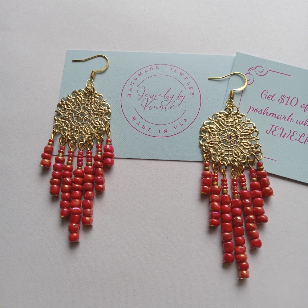 Hand Crafted Gold and Orange Beaded Earrings - Picture 2 of 6